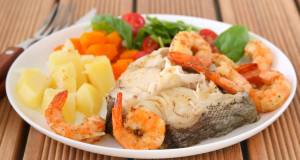 boiled fish with shrimps and potato