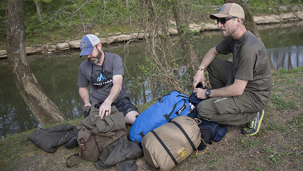 Clint and Nick sort and pack gear for 50 Campfires Field Trip: Bourbon Trail in Kentucky.