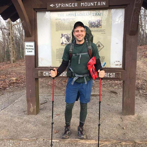 Owen Rachampbell of Darn Tough begins his hike at Springer Mountain in Georgia.