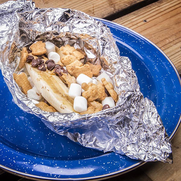 banana s'more in a foil packet to save on fuss and muss
