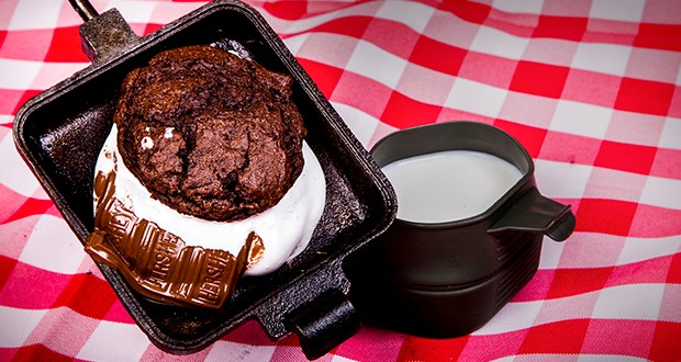 toasted in a pie iron, a whoopie pie s'more makes a delicious camping dessert.